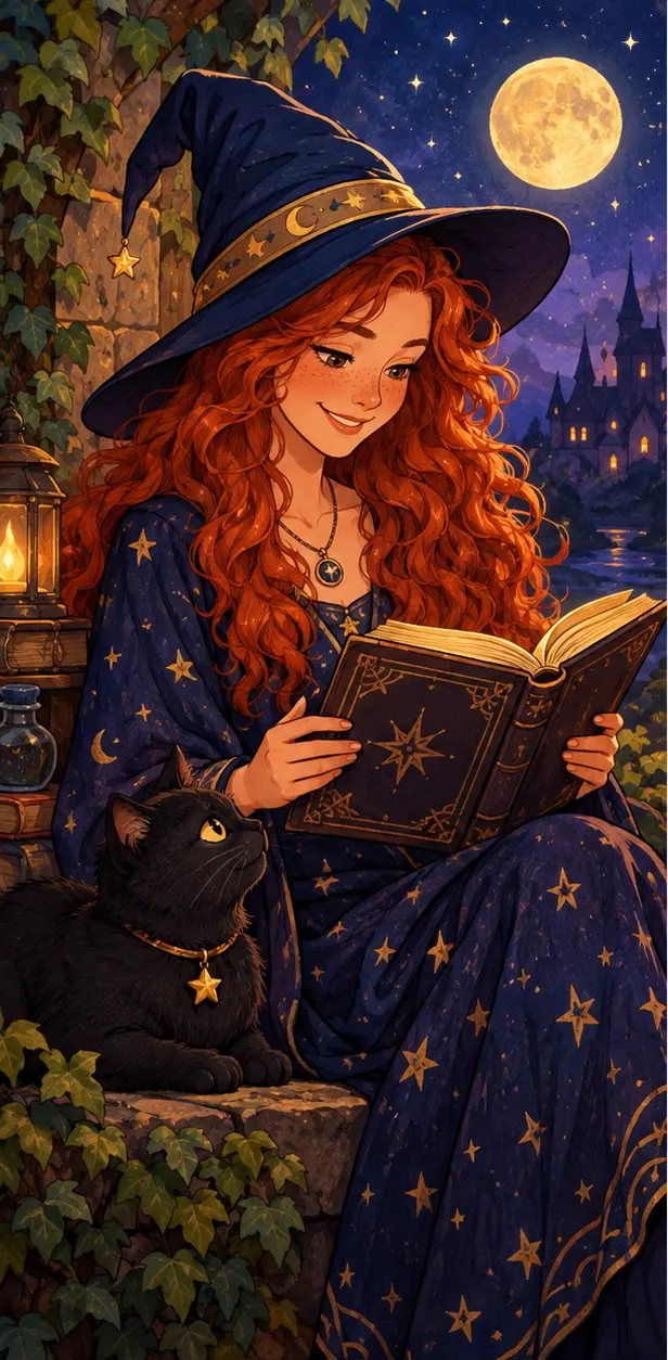 Die Himmelshexe sitzt bei Laternenlicht und liest lächelnd in einem Buch mit Sternmotiv, die Katze sitzt neben ihr.