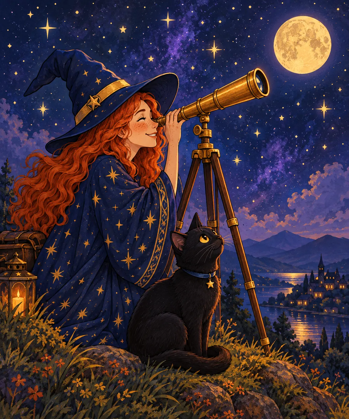 Die Himmelshexe mit roten Locken schaut nachts durch ein goldenes Fernrohr, neben ihr sitzt ihre schwarze Katze.